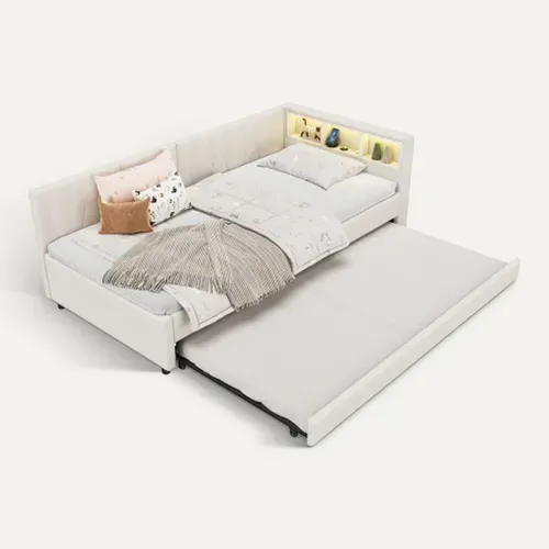 Lit Gigogne 90x200 Cm, Tête De Lit De Rangement Et LED, Avec Lattes, En Lin, Beige