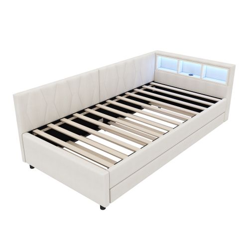 Lit Gigogne 90x200 Cm, Tête De Lit De Rangement Et LED, Avec Lattes, En Lin, Beige