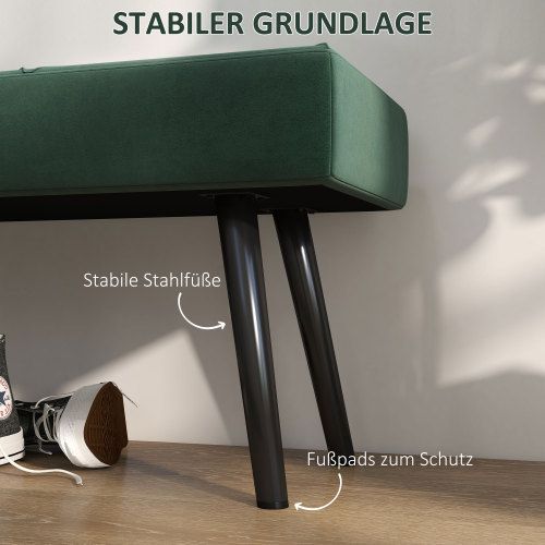 Banc Avec Assise Rembourrée En Velours, Pieds En Acier, Vert, 100 X 36 X 45 Cm