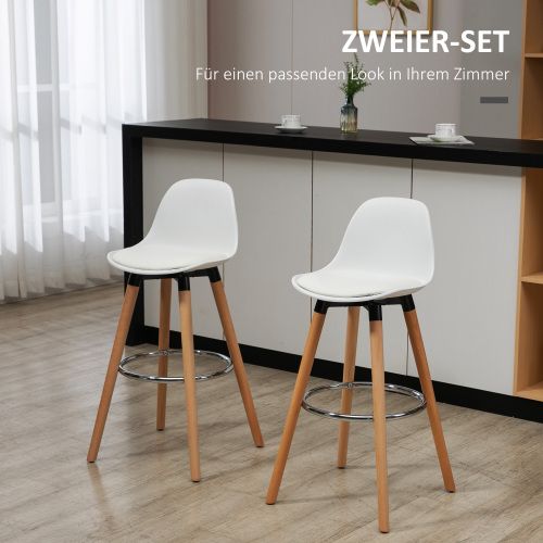 Lot De 2 Tabourets De Bar, Dossier Incurvé, Assise Rembourrée, Pieds En Bois, Blanc