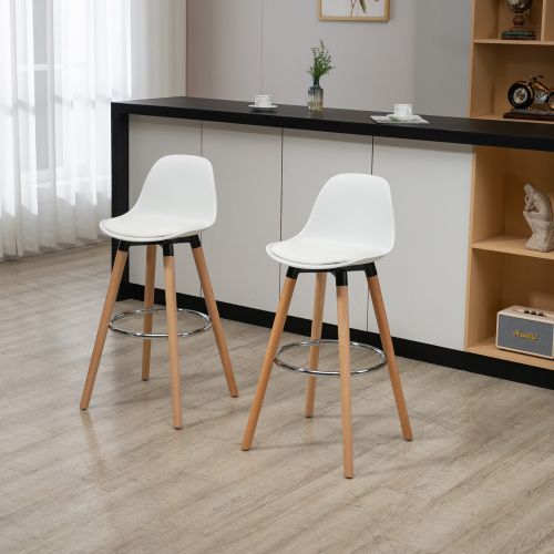 Lot De 2 Tabourets De Bar, Dossier Incurvé, Assise Rembourrée, Pieds En Bois, Blanc