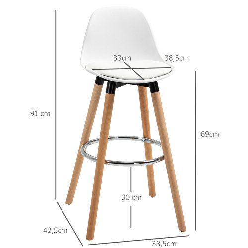 Lot De 2 Tabourets De Bar, Dossier Incurvé, Assise Rembourrée, Pieds En Bois, Blanc