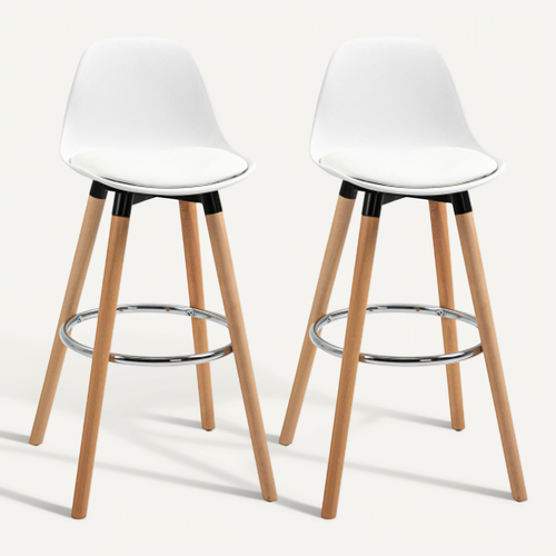 Lot De 2 Tabourets De Bar, Dossier Incurvé, Assise Rembourrée, Pieds En Bois, Blanc
