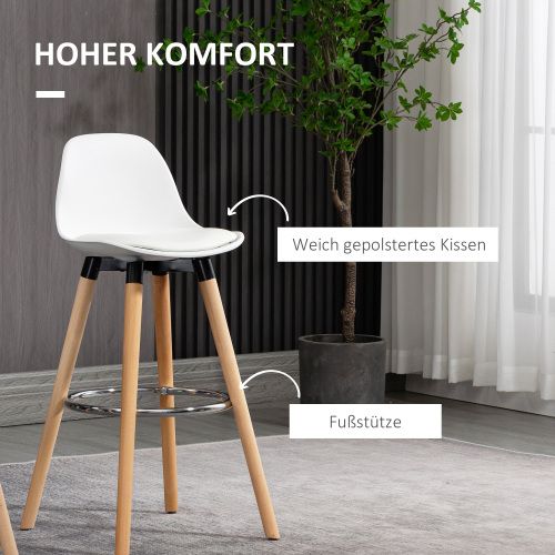 Lot De 2 Tabourets De Bar, Dossier Incurvé, Assise Rembourrée, Pieds En Bois, Blanc