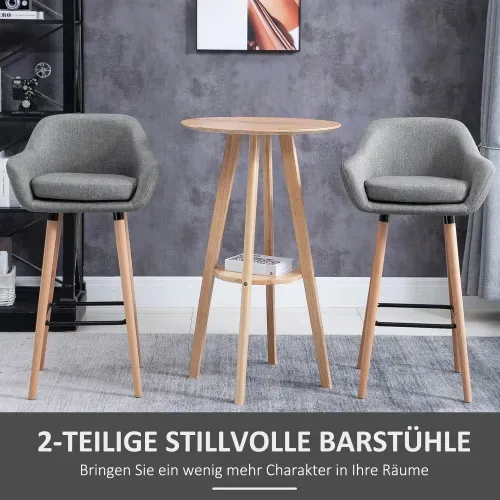 Lot De 2 Tabourets De Bar Avec Dossier Et Accoudoirs, Pieds En Bois, Gris