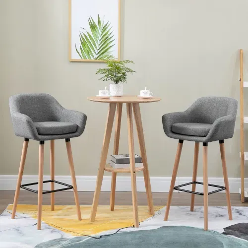 Lot De 2 Tabourets De Bar Avec Dossier Et Accoudoirs, Pieds En Bois, Gris