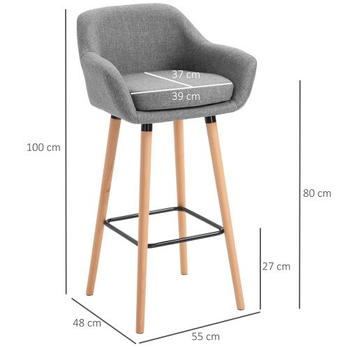 Lot De 2 Tabourets De Bar Avec Dossier Et Accoudoirs, Pieds En Bois, Gris