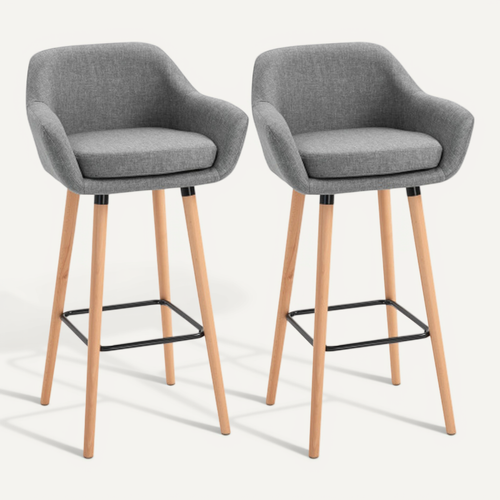 Lot De 2 Tabourets De Bar Avec Dossier Et Accoudoirs, Pieds En Bois, Gris