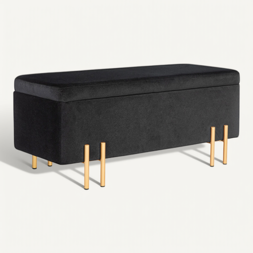 Banc De Lit Avec Rangement, Coffre, Revêtement Doux, Pieds En Métal, Structure En Bois, Noir