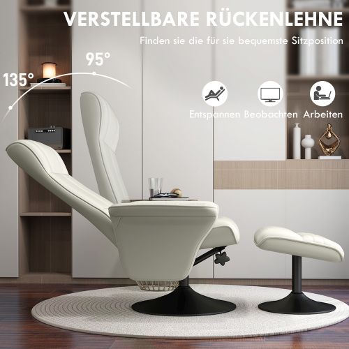 Fauteuil Relax Pivotant Avec Repose-pieds, Dossier Inclinable à 135°, Polyester, Blanc Crème