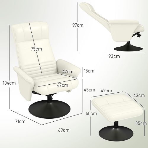 Fauteuil Relax Pivotant Avec Repose-pieds, Dossier Inclinable à 135°, Polyester, Blanc Crème