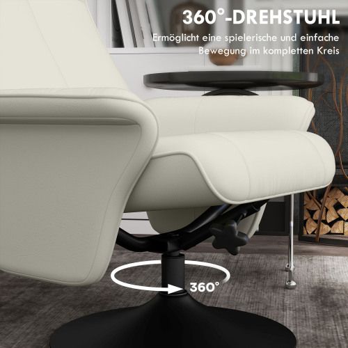 Fauteuil Relax Pivotant Avec Repose-pieds, Dossier Inclinable à 135°, Polyester, Blanc Crème