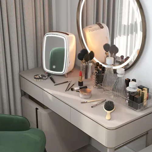 Mini Réfrigérateur Cosmétique 6 L Avec Miroir LED Tactile, En Plastique, Blanc