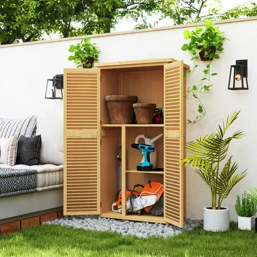 Armoire De Jardin En Bois Jaune 87x46,5x160 Cm, 2 Portes à Lames, Toit Bitumé, 2 Étagères