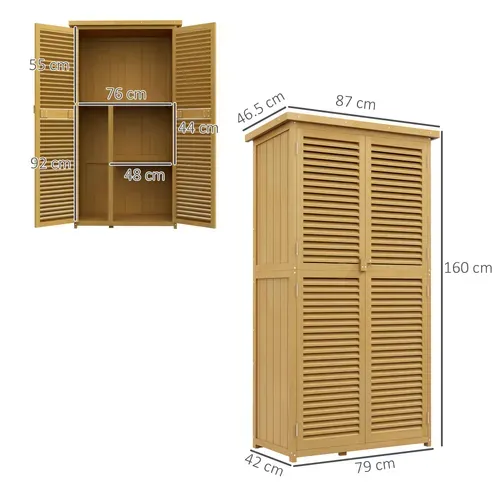 Armoire De Jardin En Bois Jaune 87x46,5x160 Cm, 2 Portes à Lames, Toit Bitumé, 2 Étagères