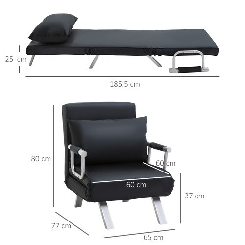 Fauteuil Convertible 2 En 1, Dossier Réglable 5 Positions, Housse Amovible, Noir