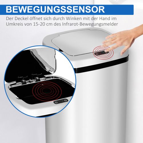 Poubelle Automatique 67 L Avec Capteur, En Acier Inoxydable, Argent