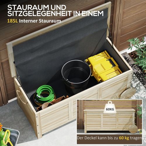Coffre De Rangement Extérieur 185 L En Bois Naturel Avec Roulettes, Étanche, Couvercle Siège