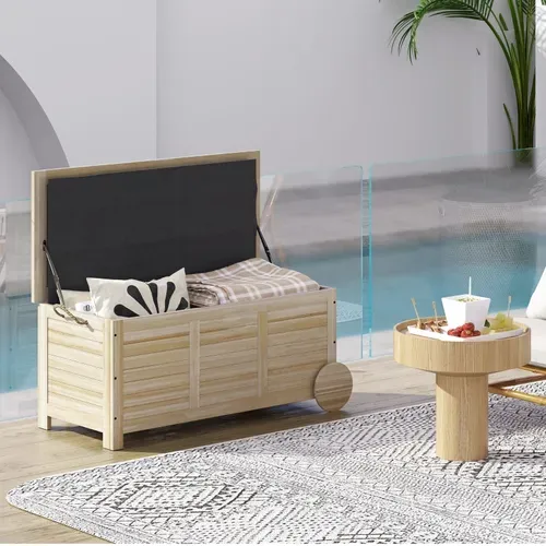Coffre De Rangement Extérieur 185 L En Bois Naturel Avec Roulettes, Étanche, Couvercle Siège