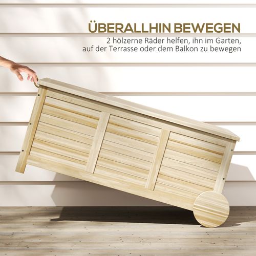 Coffre De Rangement Extérieur 185 L En Bois Naturel Avec Roulettes, Étanche, Couvercle Siège
