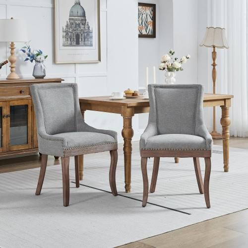 Lot De 2 Chaises De Salle à Manger, Dossier Haut Rembourré, Piétement Bois Massif, Gris