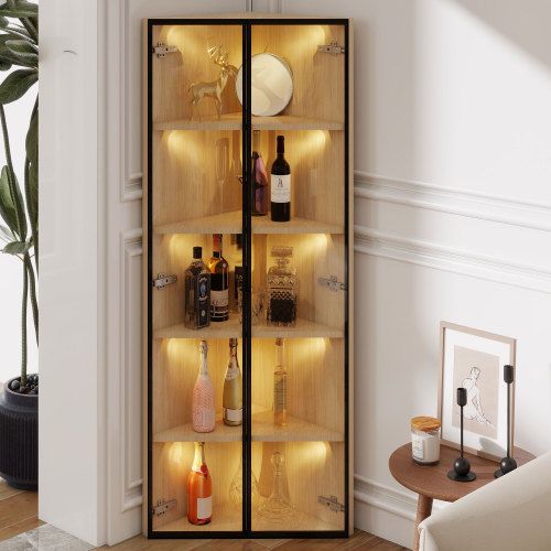 Vitrine D’angle Finition Chêne, Éclairage LED Intégré