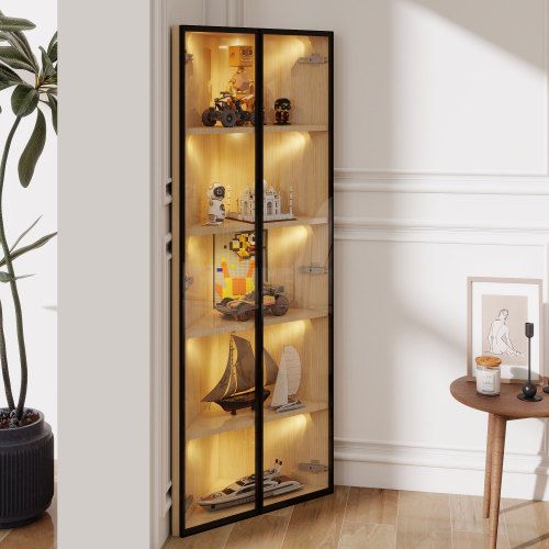 Vitrine D’angle Finition Chêne, Éclairage LED Intégré