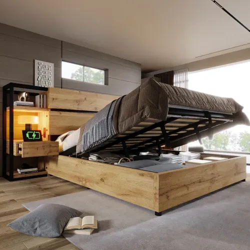 Lit Coffre 180x200 Cm, Lit Double, Lit Avec Rangement, Tête De Lit De Rangement Et Ports USB, Chêne