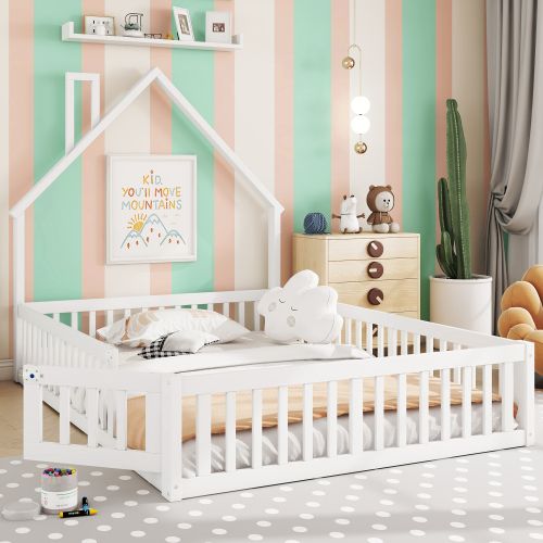 Lit Cabane Enfant 140x190 Cm En Forme De Cheminée, Avec Sommier à Lattes, En Bois, Blanc