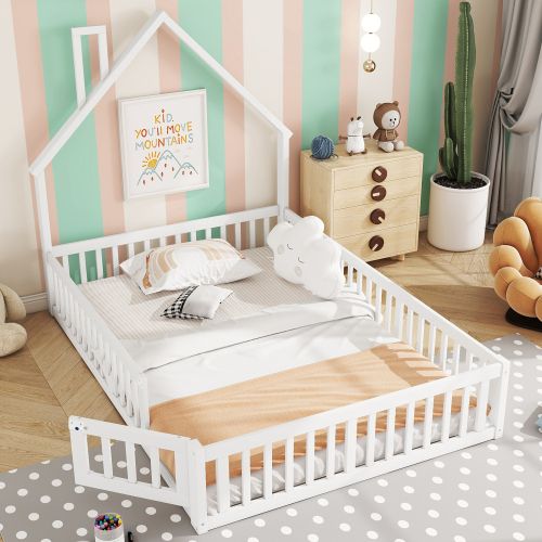 Lit Cabane Enfant 140x190 Cm En Forme De Cheminée, Avec Sommier à Lattes, En Bois, Blanc