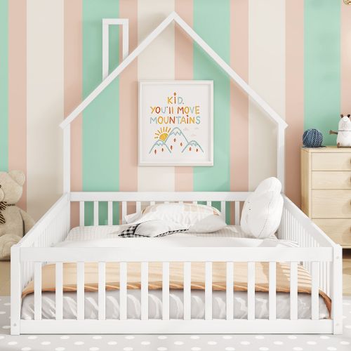 Lit Cabane Enfant 140x190 Cm En Forme De Cheminée, Avec Sommier à Lattes, En Bois, Blanc