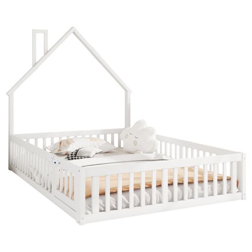 Lit Cabane Enfant 140x190 Cm En Forme De Cheminée, Avec Sommier à Lattes, En Bois, Blanc