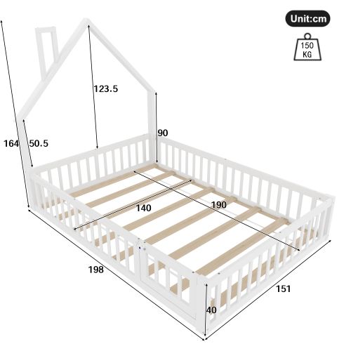 Lit Cabane Enfant 140x190 Cm En Forme De Cheminée, Avec Sommier à Lattes, En Bois, Blanc