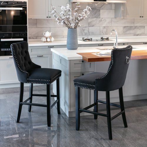 Tabouret De Bar Rembourré En Velours, Dossier Haut Capitonné, Pieds Bois, Noir