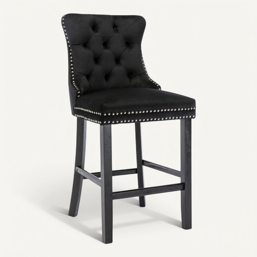 Tabouret De Bar Rembourré En Velours, Dossier Haut Capitonné, Pieds Bois, Noir