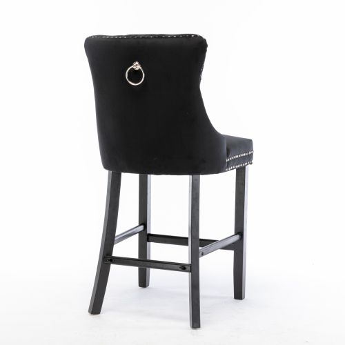 Tabouret De Bar Rembourré En Velours, Dossier Haut Capitonné, Pieds Bois, Noir