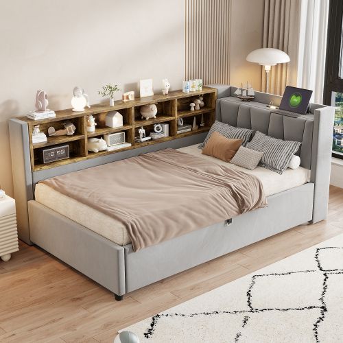 Lit Coffre 90x200 Cm, Tête De Lit, Éclairage Et Ports USB Et Type-c, En Velours, Gris