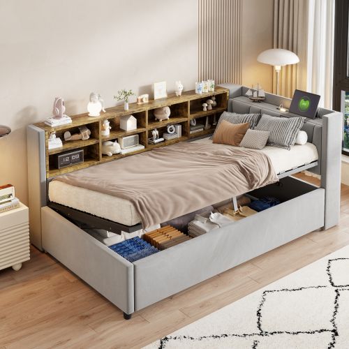 Lit Coffre 90x200 Cm, Tête De Lit, Éclairage Et Ports USB Et Type-c, En Velours, Gris
