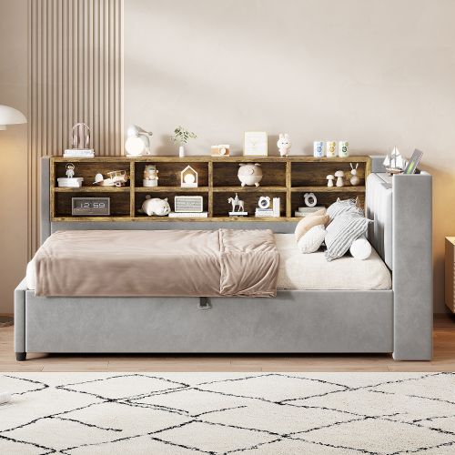Lit Coffre 90x200 Cm, Tête De Lit, Éclairage Et Ports USB Et Type-c, En Velours, Gris