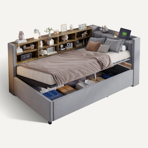 Lit Coffre 90x200 Cm, Tête De Lit, Éclairage Et Ports USB Et Type-c, En Velours, Gris