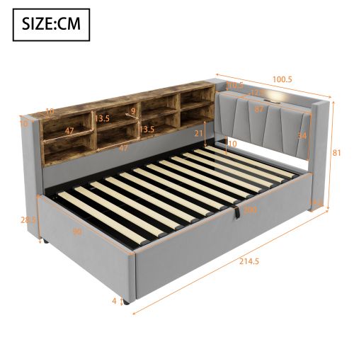 Lit Coffre 90x200 Cm, Tête De Lit, Éclairage Et Ports USB Et Type-c, En Velours, Gris