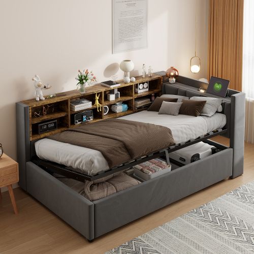 Lit Coffre 90x200 Cm, Avec Tête De Lit Éclairée, Ports USB Et Type-c, En Velours Gris
