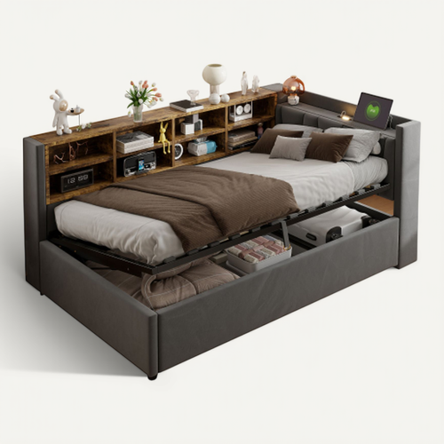 Lit Coffre 90x200 Cm, Avec Tête De Lit Éclairée, Ports USB Et Type-c, En Velours Gris