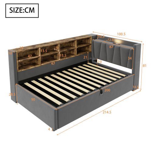 Lit Coffre 90x200 Cm, Avec Tête De Lit Éclairée, Ports USB Et Type-c, En Velours Gris