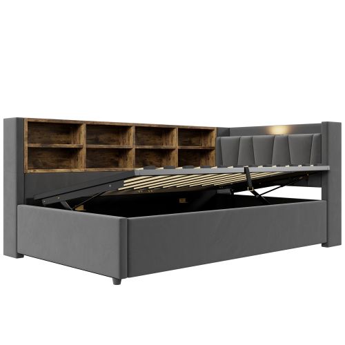Lit Coffre 90x200 Cm, Avec Tête De Lit Éclairée, Ports USB Et Type-c, En Velours Gris