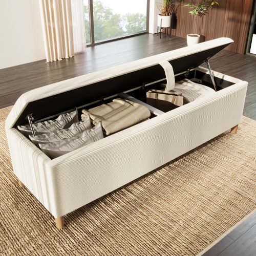 Banc De Lit Avec Espace De Rangement, 145x38 Cm, Hydraulique, En Velours Côtelé Beige