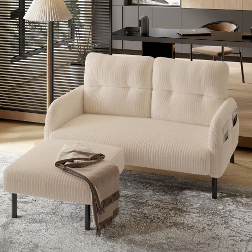Pouf Repose-pieds En Velours Côtelé, Structure Métal, Rembourrage Épais, Beige