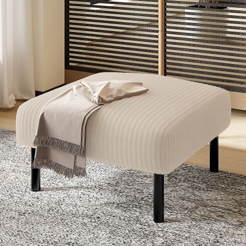 Pouf Repose-pieds En Velours Côtelé, Structure Métal, Rembourrage Épais, Beige