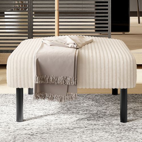 Pouf Repose-pieds En Velours Côtelé, Structure Métal, Rembourrage Épais, Beige