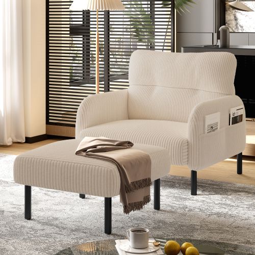 Pouf Repose-pieds En Velours Côtelé, Structure Métal, Rembourrage Épais, Beige